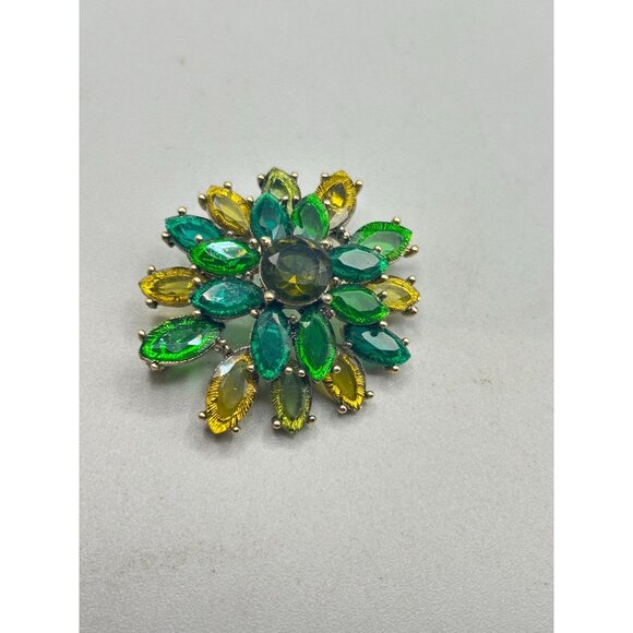 Signed MONET Green & Yellow Rhinestones Flower Acrylic Flatback Stones Gold Tone - Picture 2 of 6